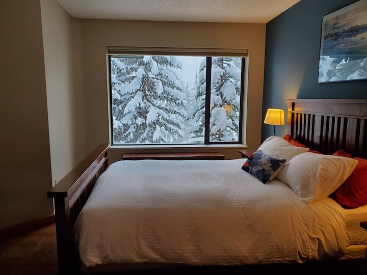 Chumba cha kulala kilicho na kitanda cha ukubwa wa malkia, televisheni na luva za kuzima. Mwonekano mzuri wa milima