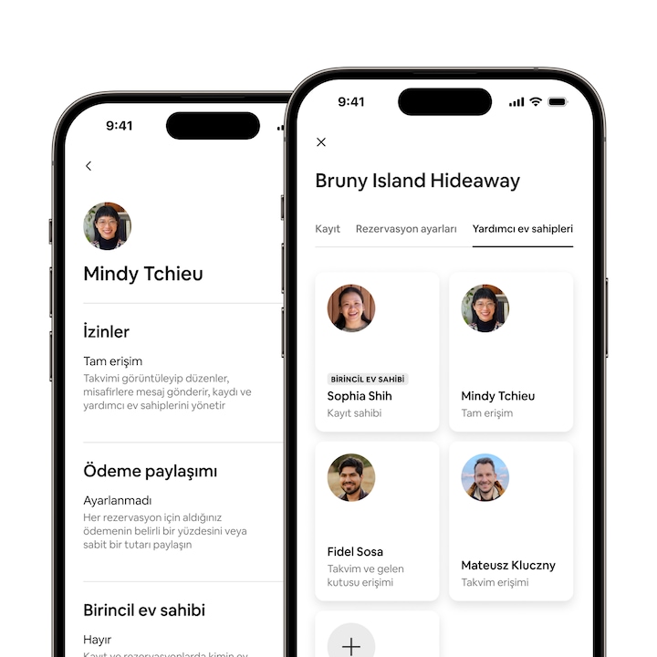 Airbnb uygulaması, yeni "Yardımcı ev sahibi izinleri" ve "Yardımcı ev sahibinin aldığı ödemeler" özelliklerini gösteriyor.