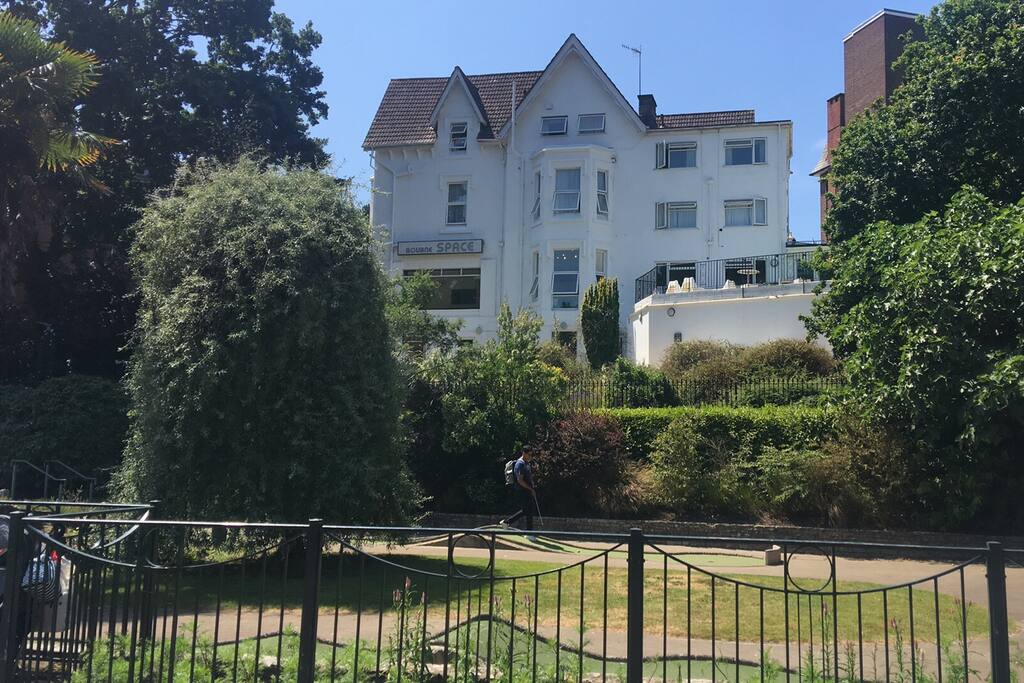 The apartment is situated in the bottom left hand corner, over looking the gardens. It has its own entrance
