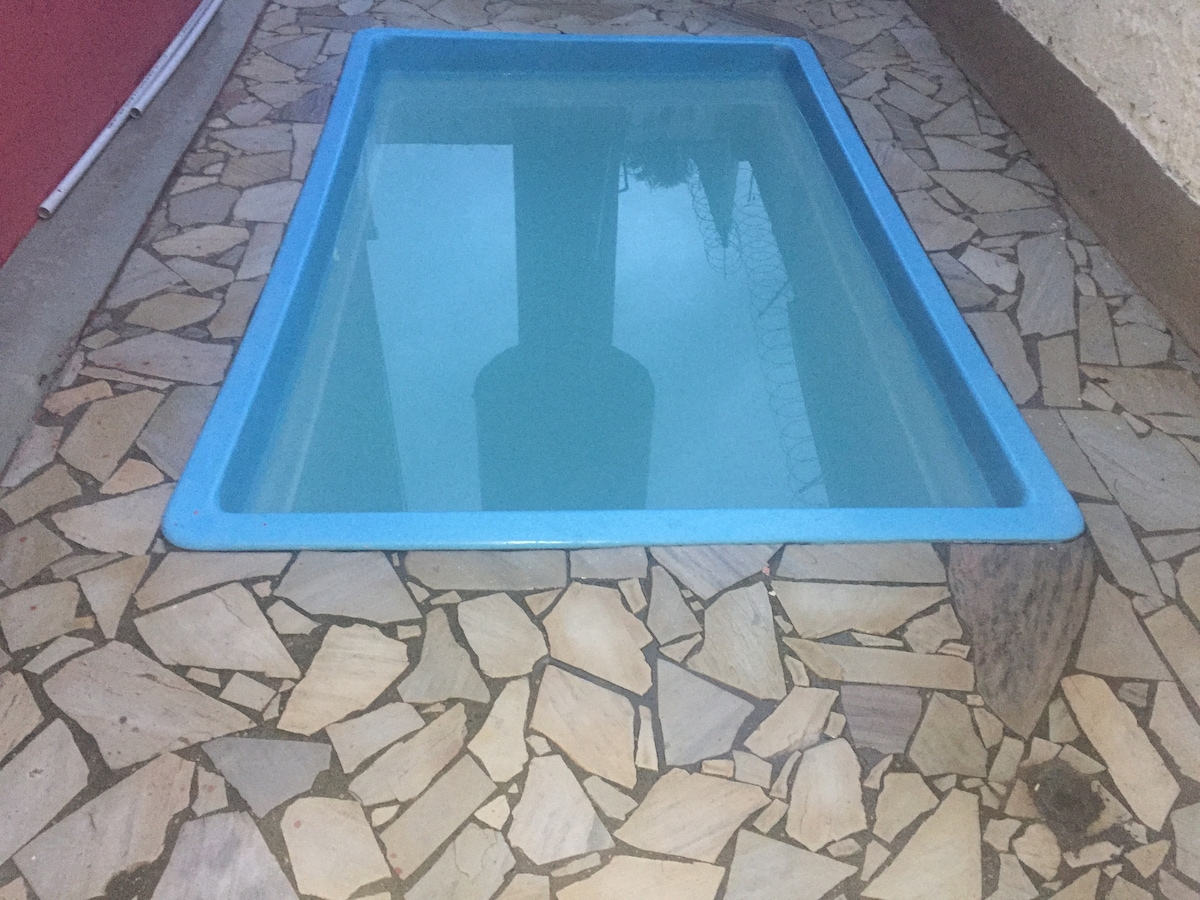 A small, rectangular pool is surrounded by a patterned stone patio. The water appears clear and still, reflecting the surrounding elements. The pool's edges are finished with a blue border, contrasting with the natural tones of the stone flooring.