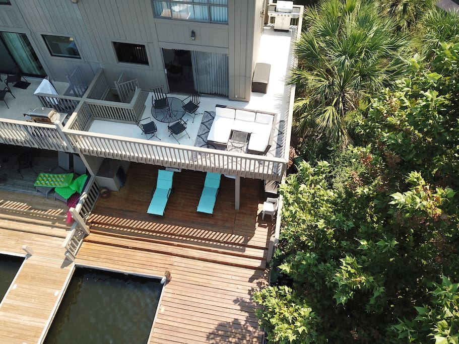 Aerial view of our 2 large patio decks and grill