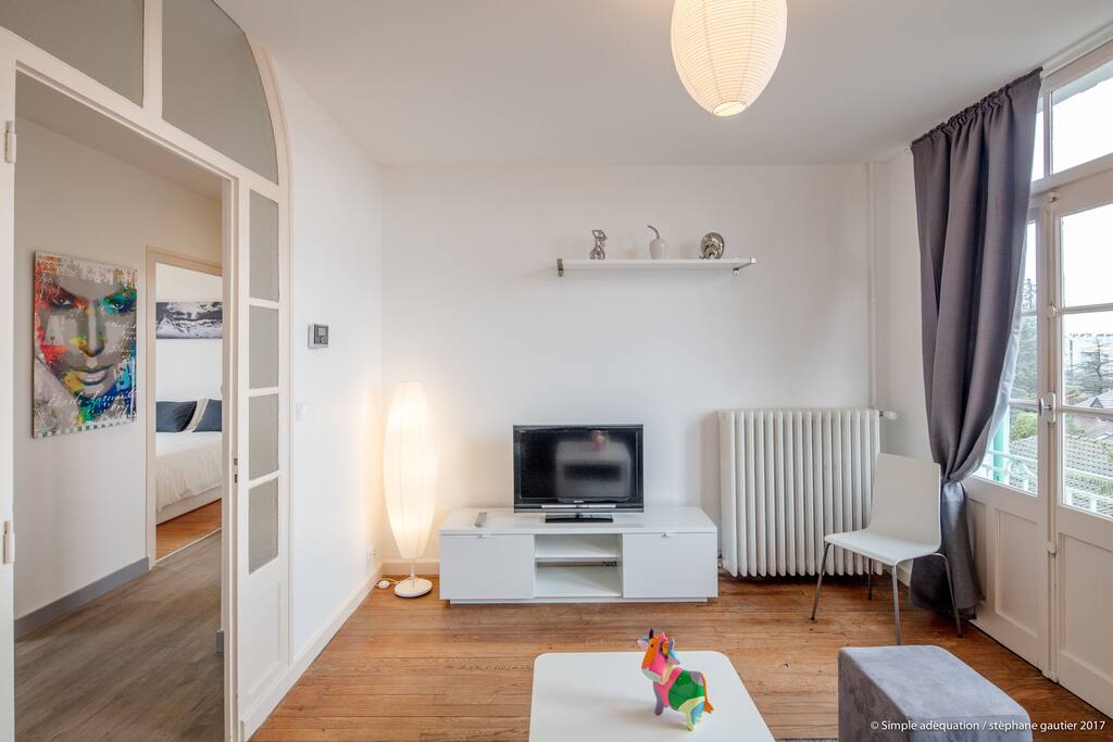 Salon avec TV et vue lac.