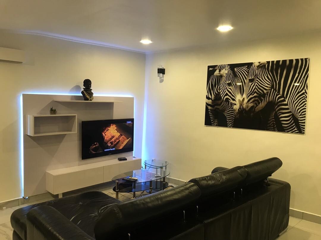 A modern living area features a sleek black sofa facing a flat-screen television mounted on a white wall unit. A glass coffee table is positioned in front of the sofa. A striking artwork depicting zebras adds visual interest to the space, complemented by soft lighting.