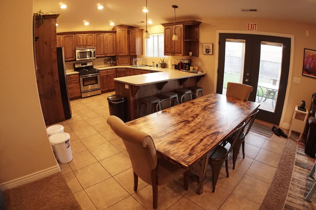 Dining room table, seats 8-10.
