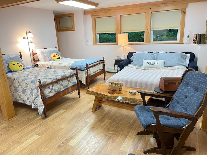 The lower level bedroom has two twin beds and a pullout couch. 