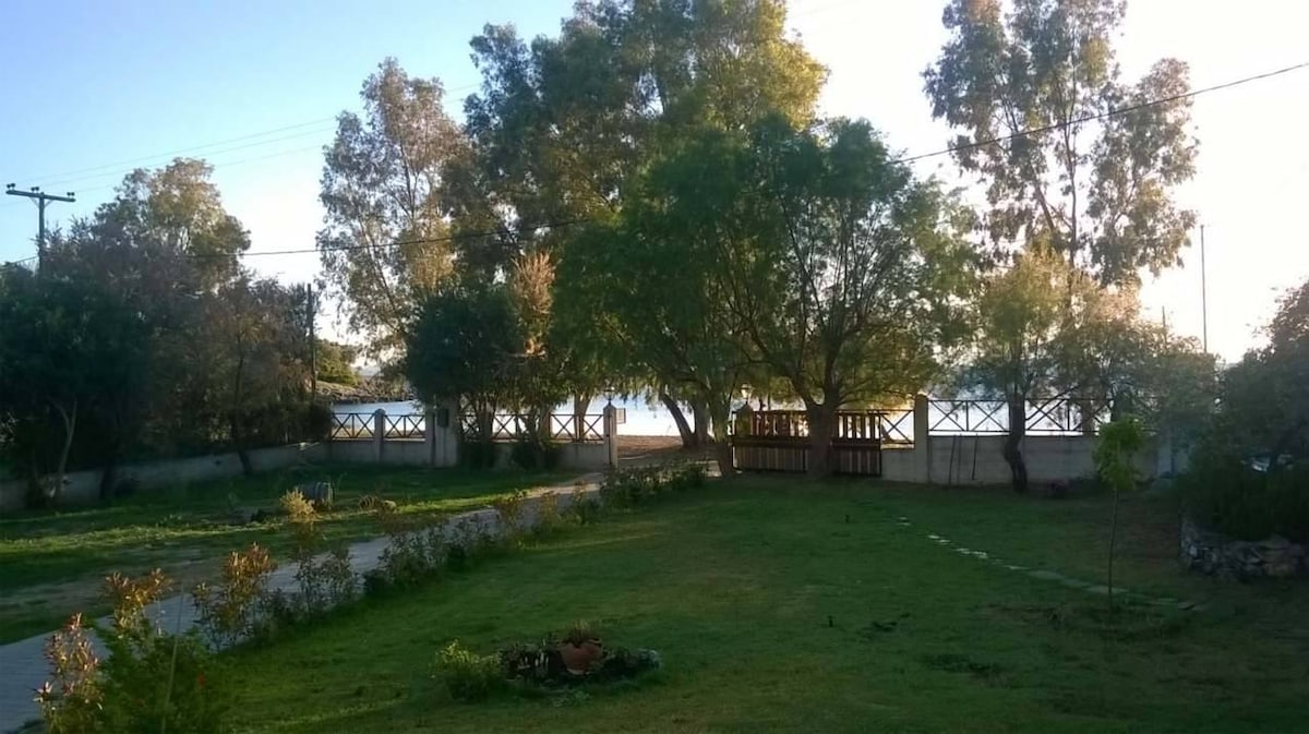A grassy garden area is shown, featuring several trees that provide shade. A rustic fence outlines the property, with a glimpse of a tranquil beach visible beyond. A pathway leads through the garden, enhancing the serene outdoor space.