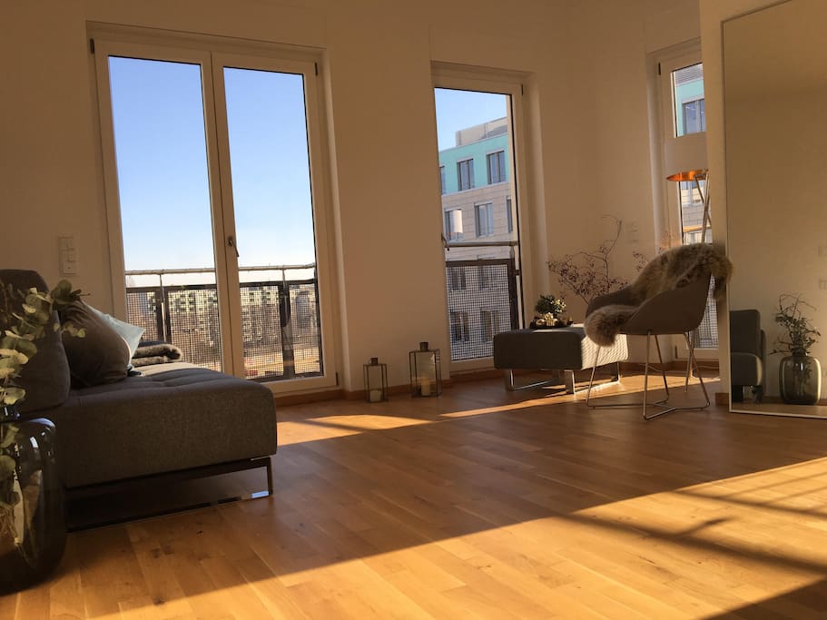 Living room with double bed sleeping couch and balcony