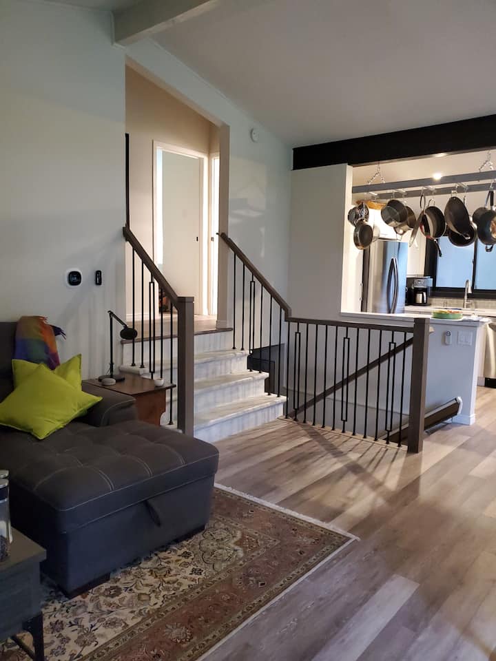 Head upstairs to bed. Your choice queen or double bed!