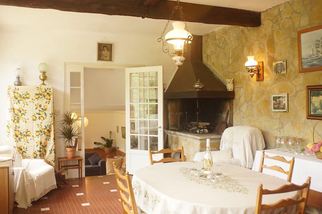 Dining room with open fire