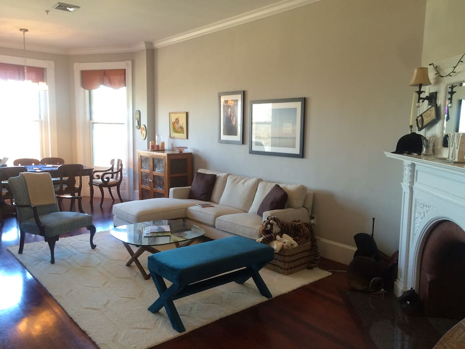 Comfortable, large, and sunny living space with views of the Charles River.