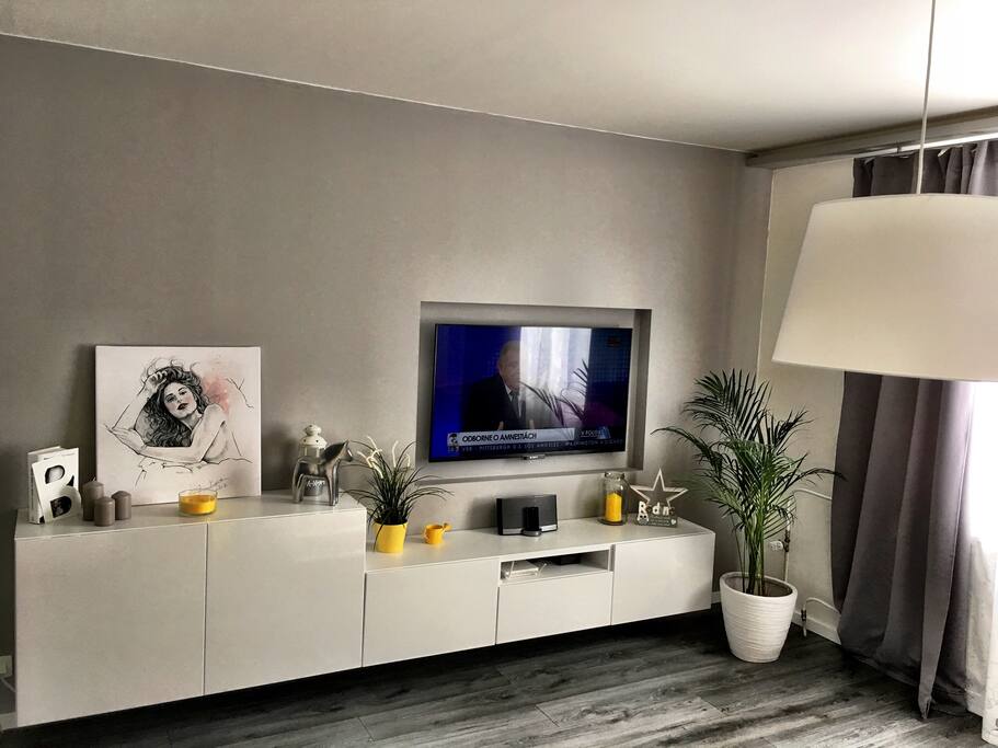 Living room is equipped with flat TV and cable TV.