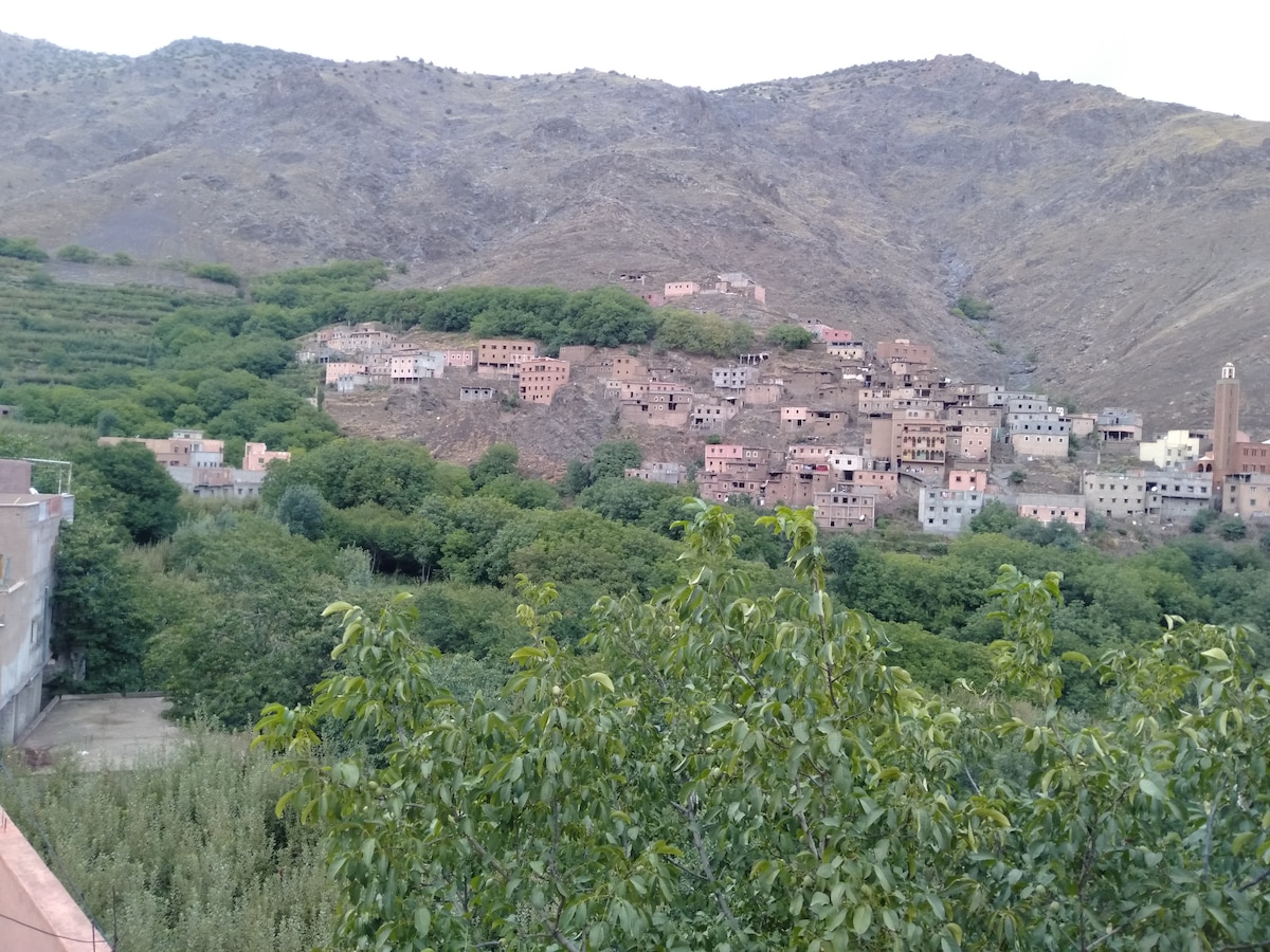 A serene landscape is captured, featuring a hillside village nestled among lush greenery. The natural surroundings include gently sloping mountains, and a variety of buildings are visible, blending with the greenery, offering a sense of tranquility in the scenic environment.