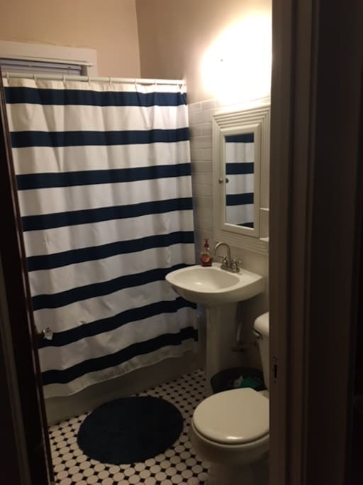 Cute little bathroom with great lighting and large window