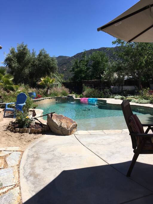 Our pool and backyard are so beautiful! With the amazing view of the Cleveland National Forest and the refreshing salt water pool, you will find a great time! Our private salt water pool available for your use in a beautiful setting. Use pool from 10am to 8pm. Solar heated and delightful.