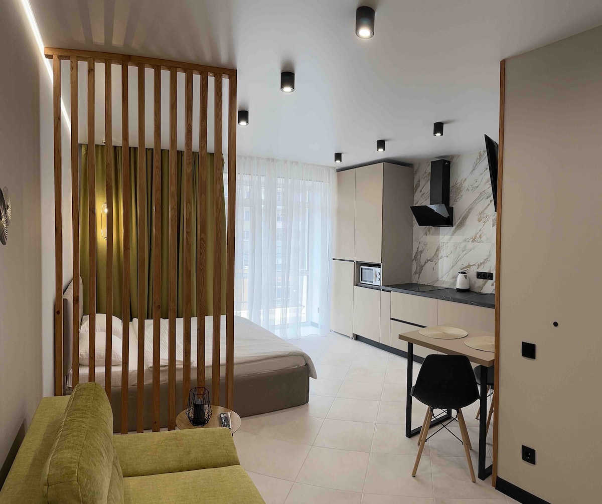 A modern studio apartment features a partitioned sleeping area with a spacious bed. Bright light enters through sheer curtains, illuminating the open kitchen and dining space. A cozy green sofa provides seating, complemented by a dining table and stylish black chairs.