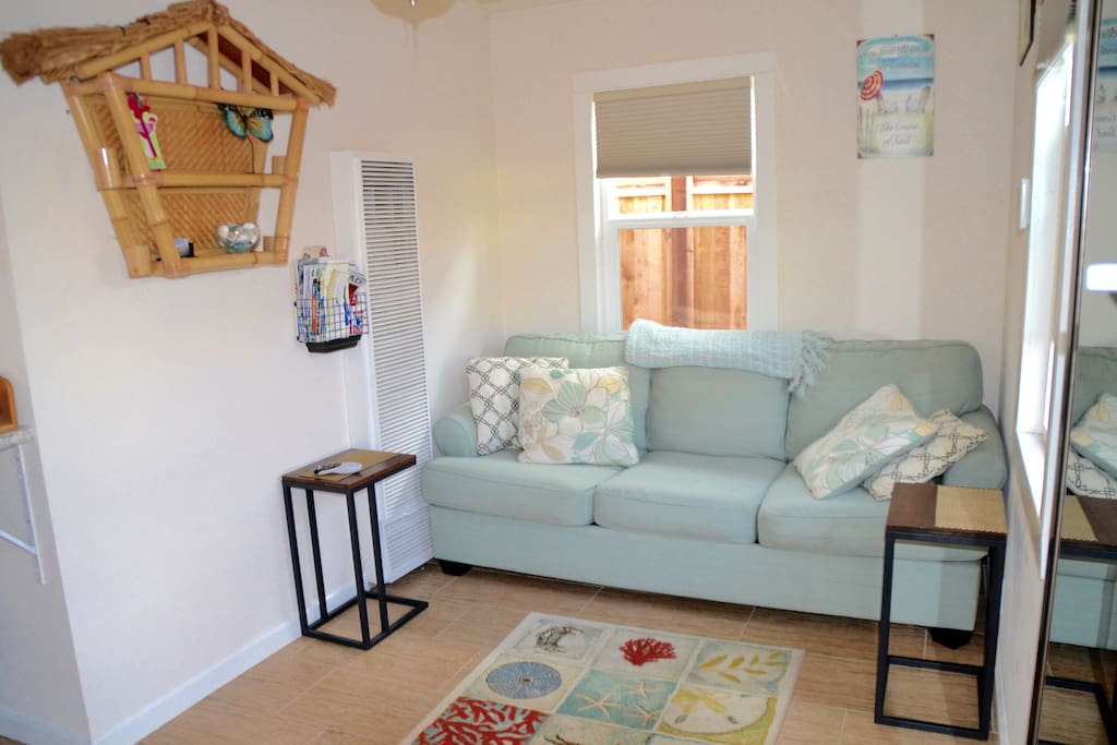 Living room, with sofa pulls out to Queen size.