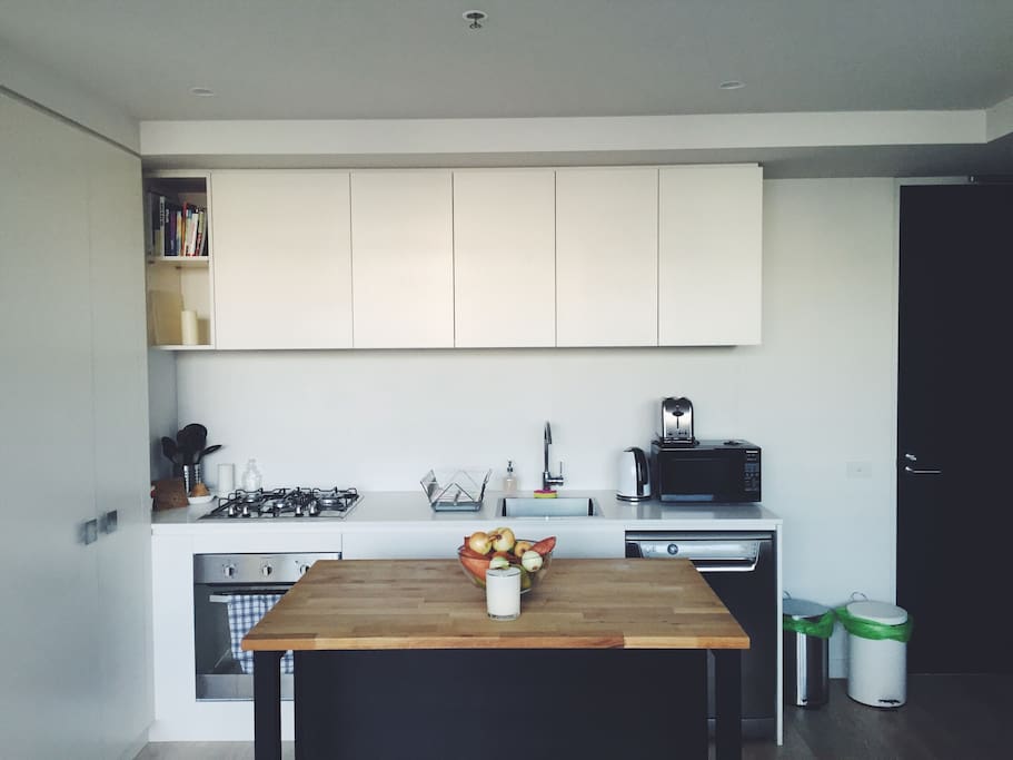 New appliances - fridge/freezer, stove, oven, dishwasher, island bench/dining table, 2 chairs at the bench (not pictured), fully equipped with pots, pans, utensils, glassware, cutlery, crockery & cleaning products for the home.