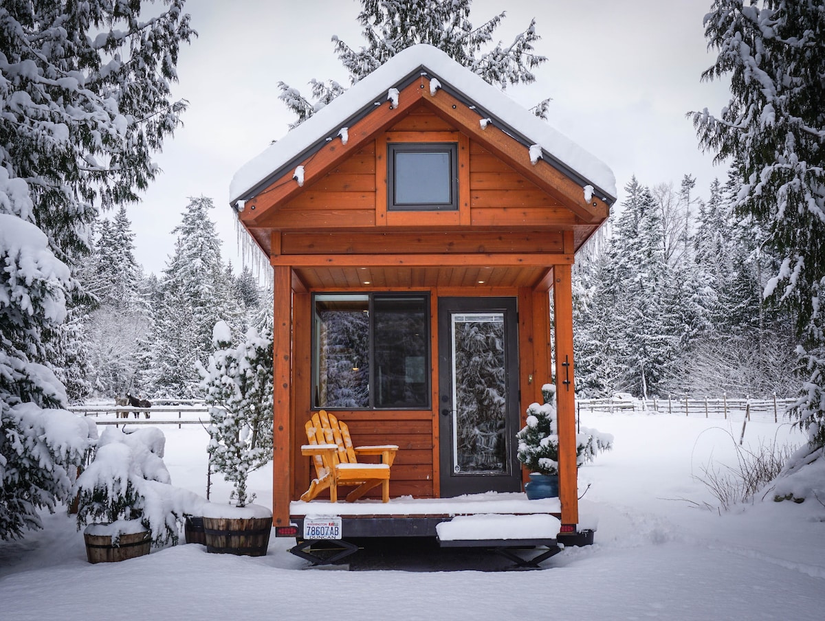 A compact tiny home is showcased amidst a snowy landscape, featuring a wooden exterior with large windows. An inviting yellow chair is positioned on the porch, framed by snow-laden trees. The serene setting emphasizes the peaceful ambiance of the countryside.