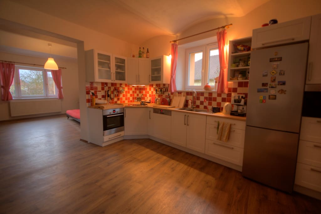 kitchen and living room (can be separated by pulling a wooden wall)