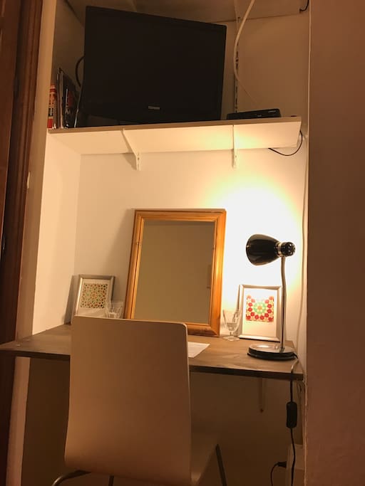 Your bedroom with desk, tv, dvds