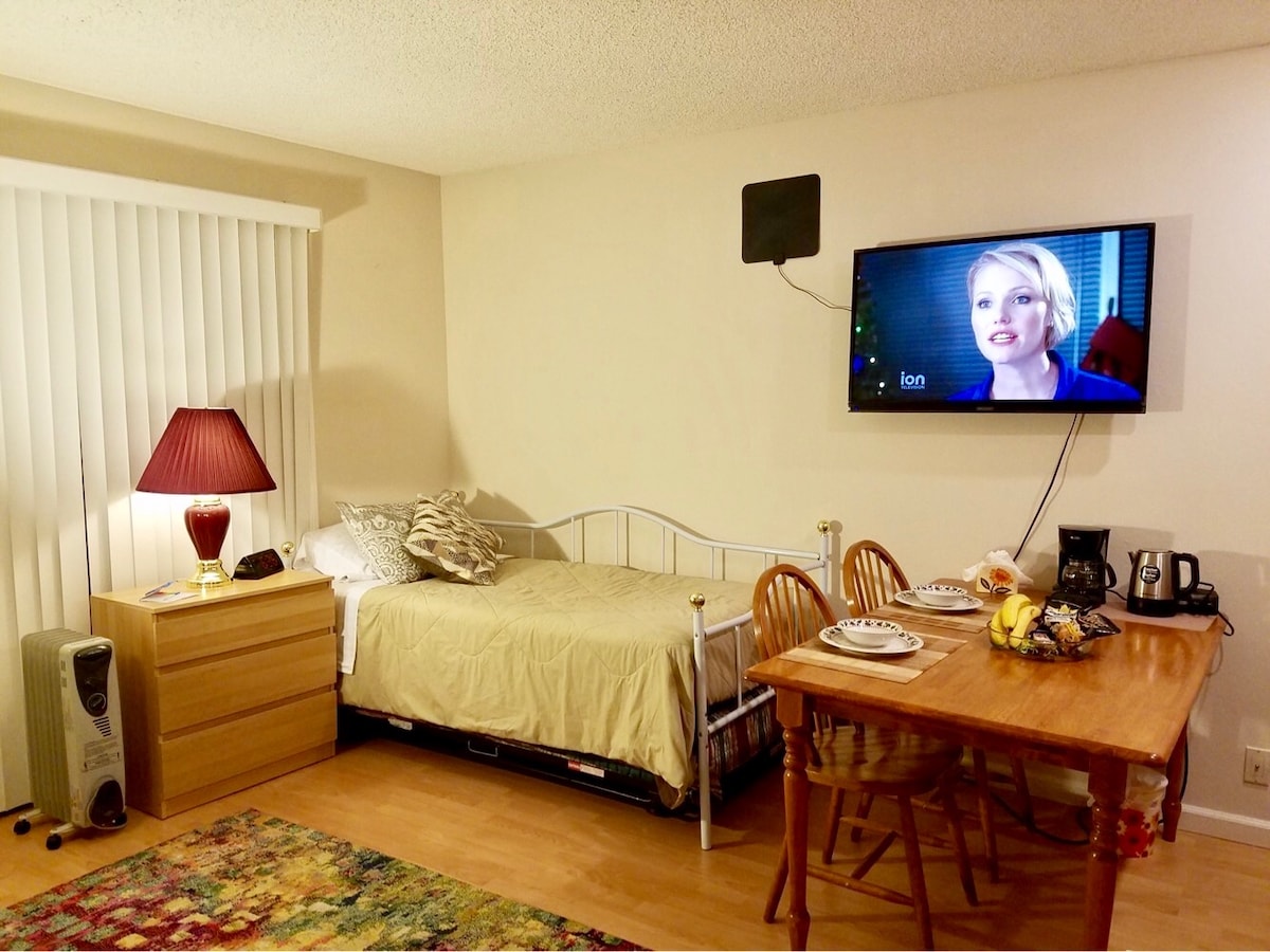 Sehemu ya kujitegemea iliyo na meza ya kulia chakula na televisheni.