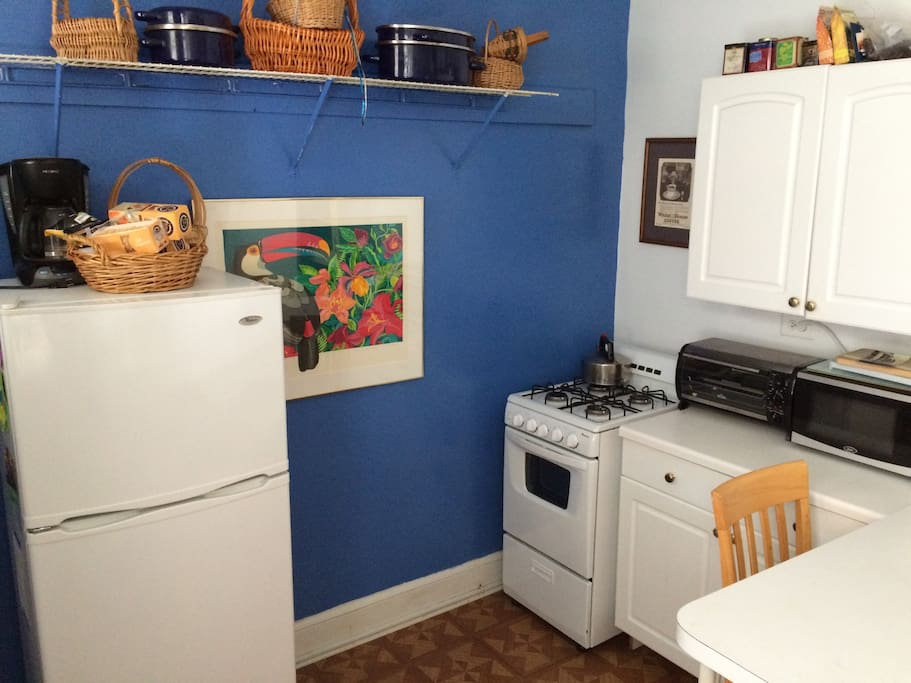 Well-appointed kitchen with stove, fridge, microwave and basic essentials (coffee and tea), full cooking equipment and cutlery.