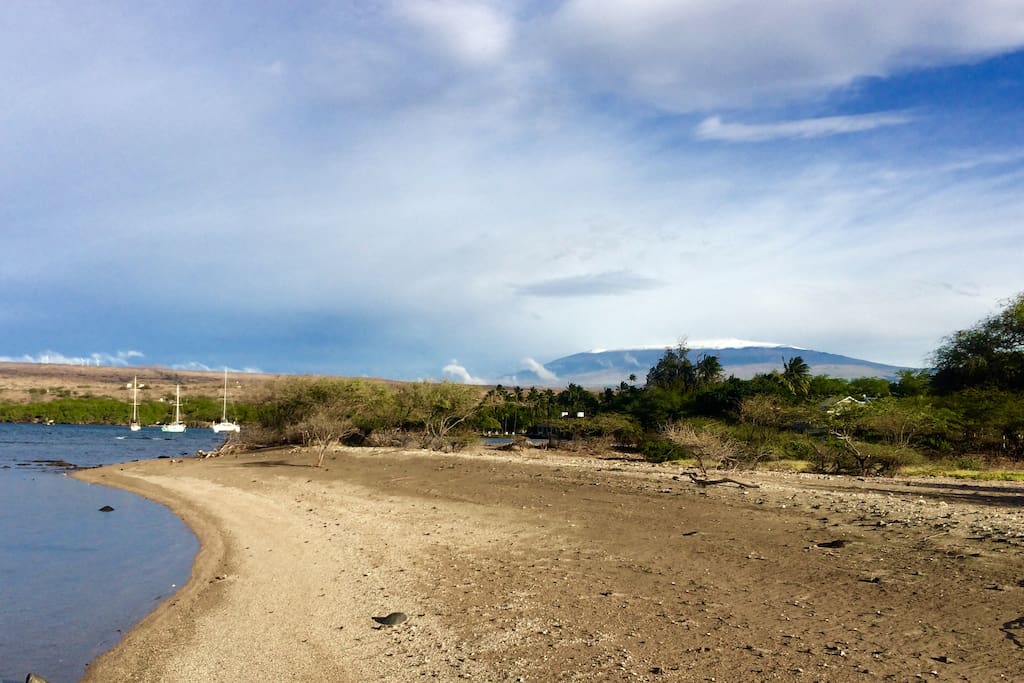 Puako Beach, across the street, with snowy Mauna Kea in the distance. Swimming here, skiing there. Who knew?