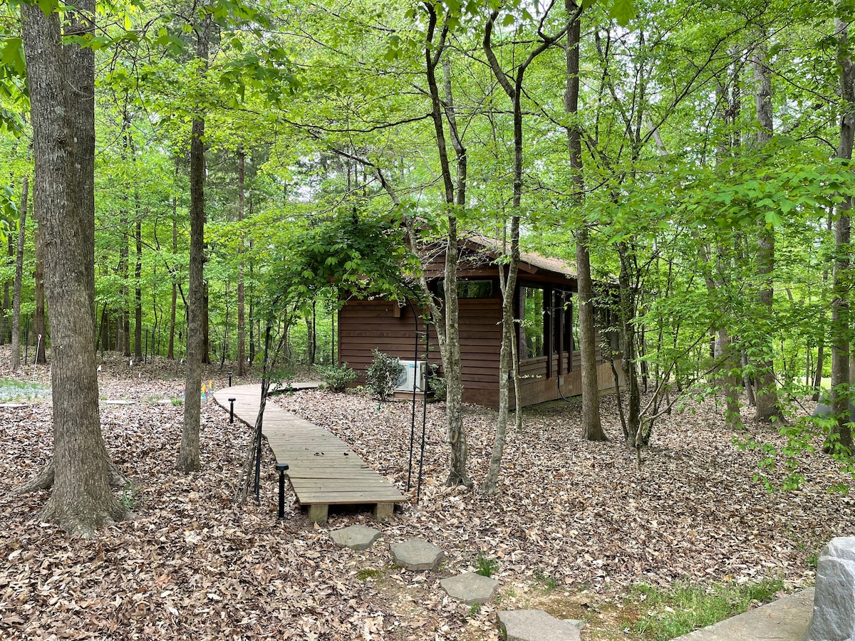 A secluded cabin is nestled among lush green trees, surrounded by a natural leaf-covered ground. A pathway leads to the cabin entrance, framed by surrounding flora. The peaceful setting indicates a serene escape into nature.