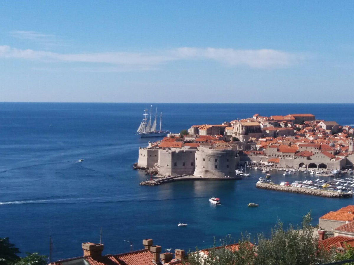 A panoramic view of the Old Town of Dubrovnik is captured, showcasing terracotta rooftops and ancient stone fortifications along the coastline. The vibrant blue sea reflects the sky, with boats gently drifting in the water. The background features distant hills and a few sailboats on the horizon.