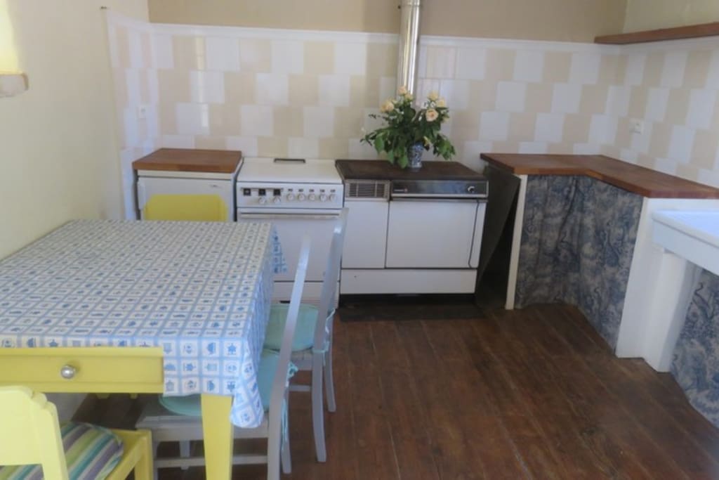 Kitchen with gas cooker, woodburning stove and dishwasher.