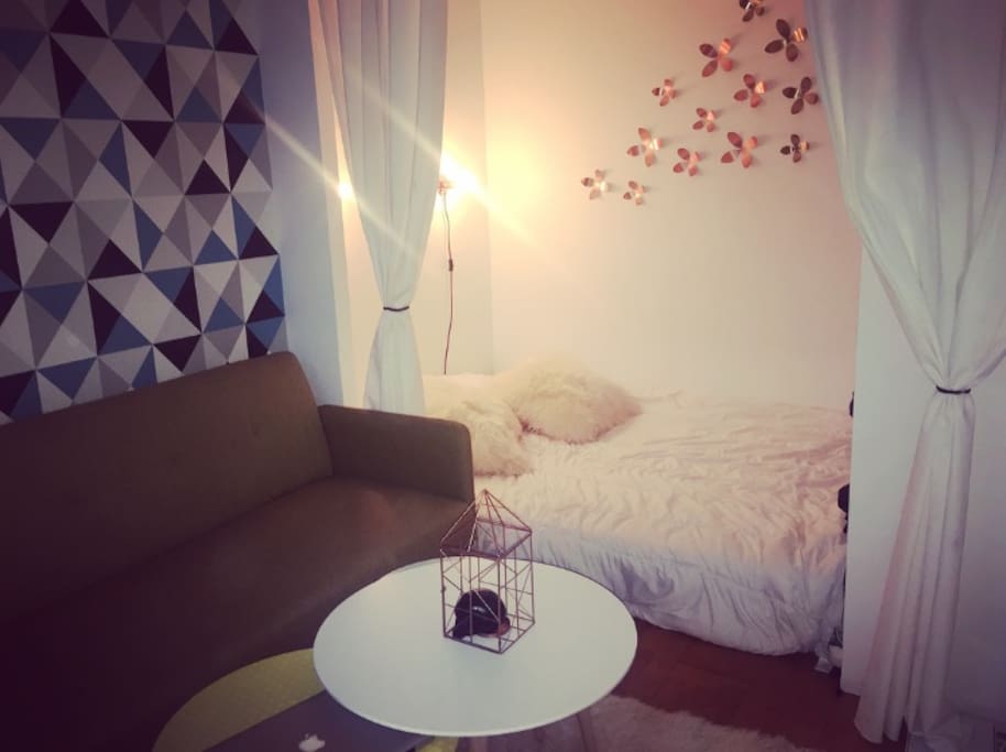 Chambre salon
Possibilité de fermer les rideaux ocultants pour séparer chambre et mini salon