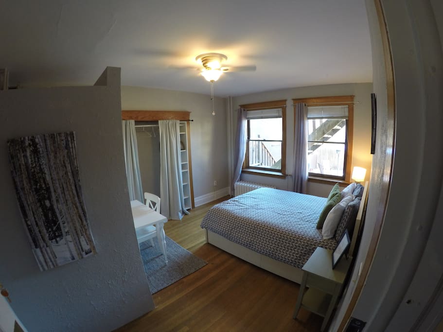 Large Bedroom with high ceilings and lots of sunlight. Located on the first floor, the windows look out into the backyard.