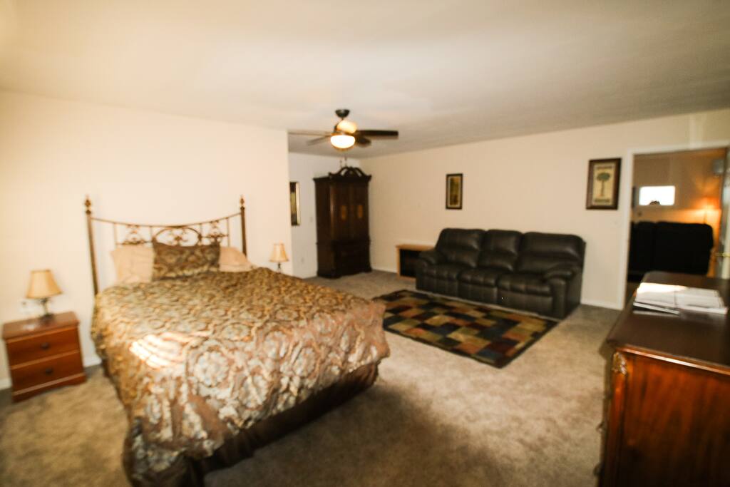 large bedroom area with couch and walk in closet