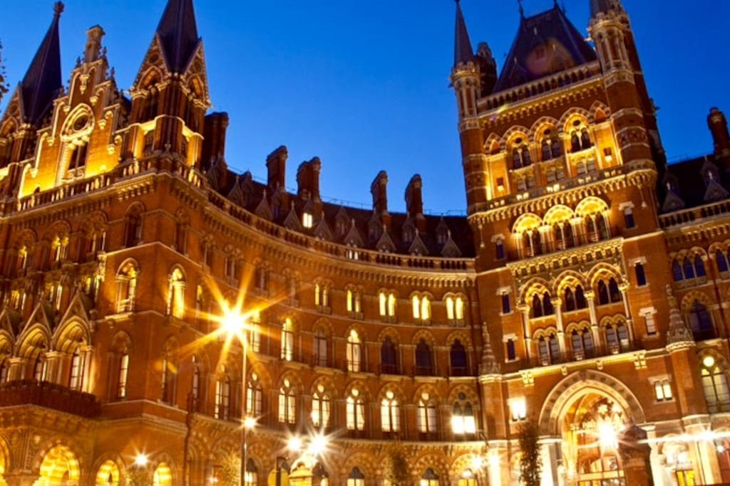 Twilight at The St Pancras Building where our top floor apartment is located.