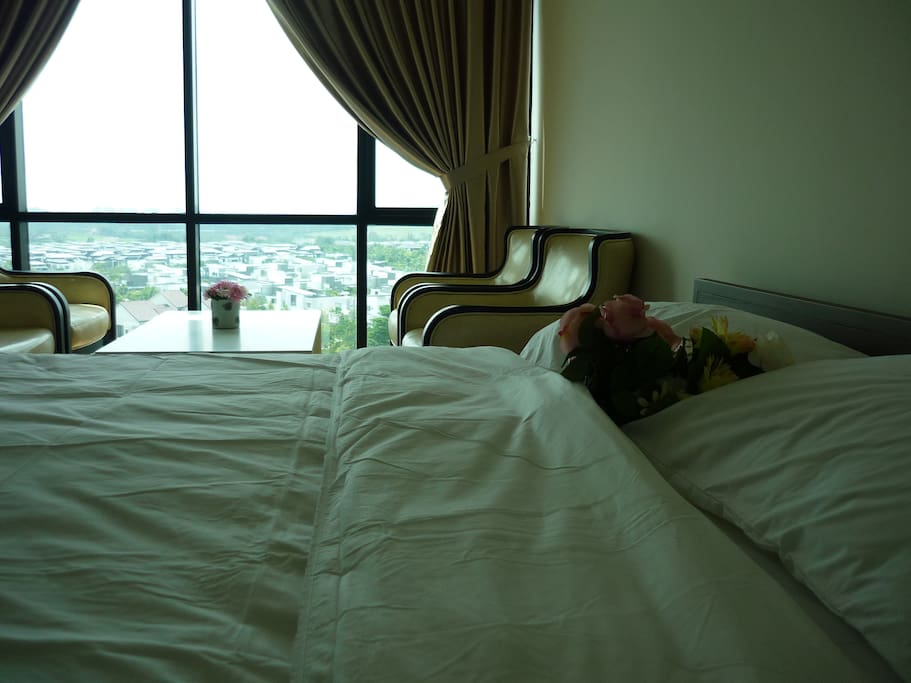 Upper floor : Master bedroom with King size bed and attached bathroom. Nice view.