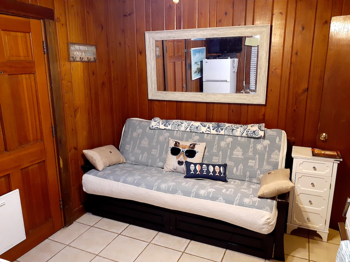 This is the 4th bedroom/mini kitchen area(main kitchen is pictured in other part of the house). This room has a locking door, TV and upgraded futon for guests. Great for those who want easy access to midnight snacks :)
Closet is in hall by door.