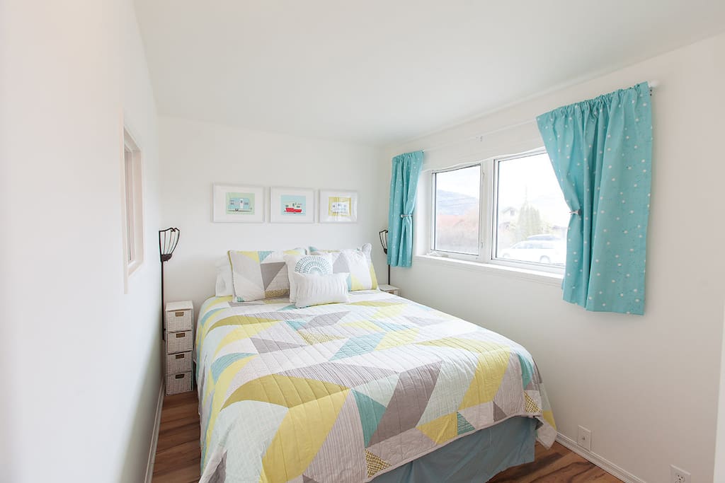 Queen sized bed, closet with chest of drawers