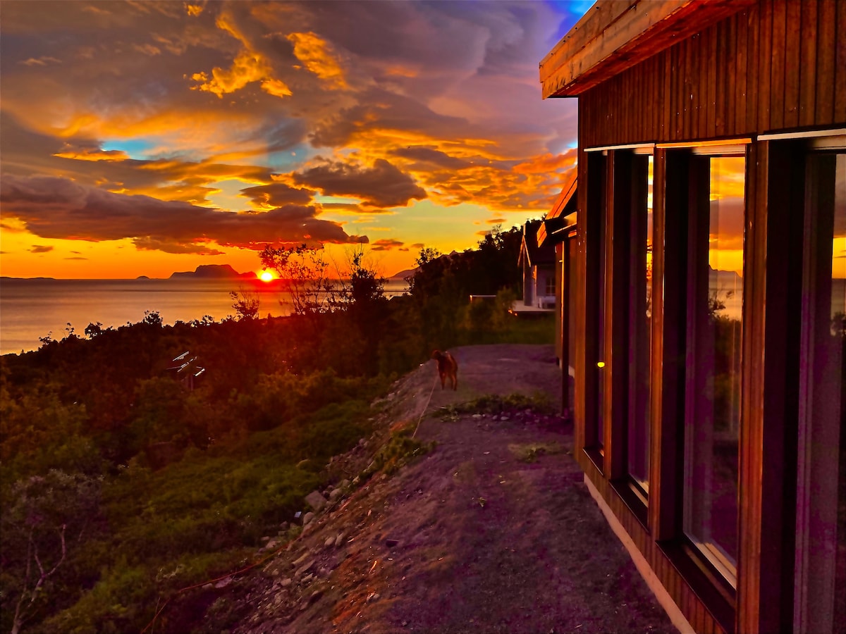 A cabin is viewed from the side at sunset, with large windows reflecting vibrant orange and purple hues. The landscape features lush greenery sloping down toward the ocean, where the sun is setting on the horizon. The peaceful scene is complemented by a distant shape of land on the left.