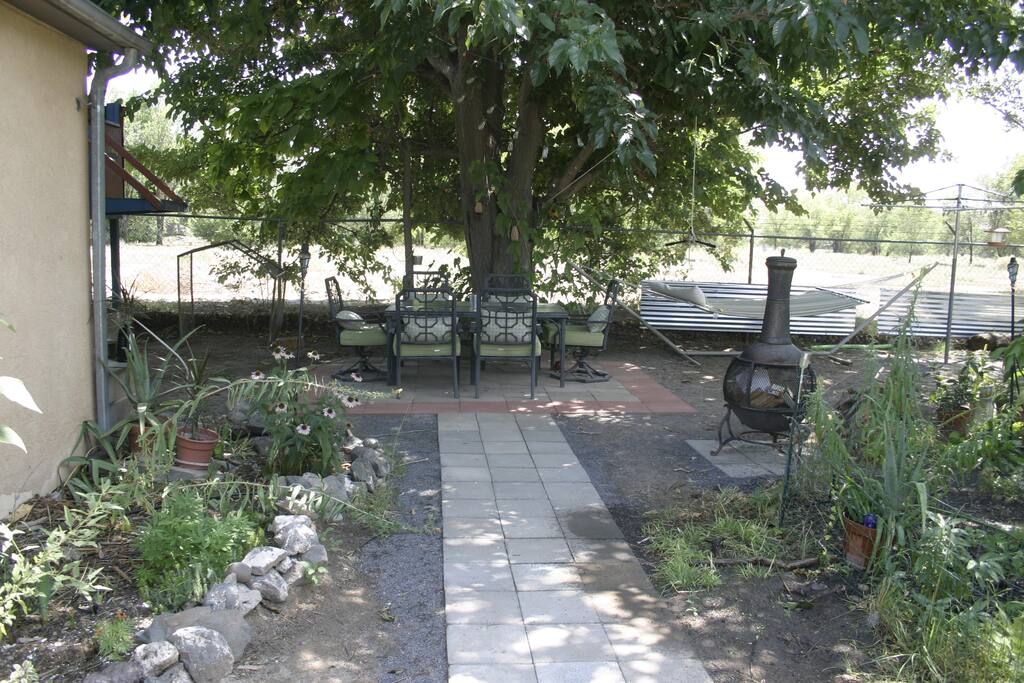 Shared patio space with chiminea