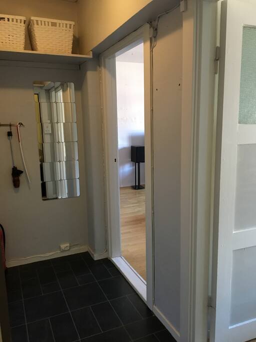 Hall/entrance, bathroom to the left bedroom to the right and living room in front/right