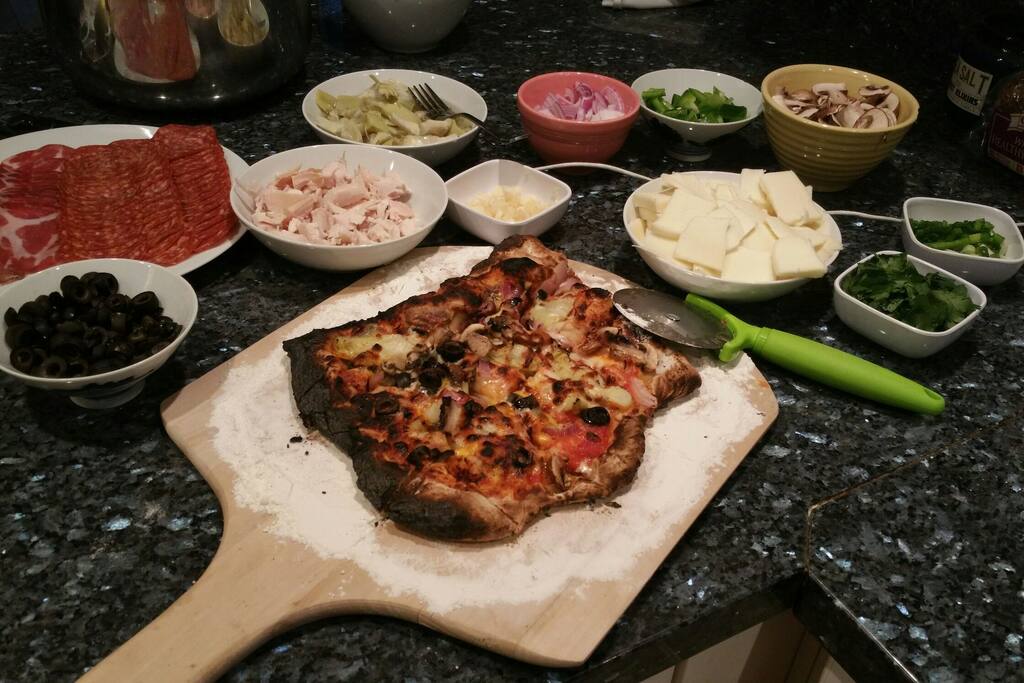 Home is great for hosting a home made pizza party. Fresh dough is available for purchase.