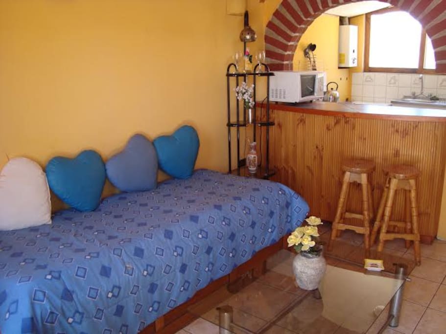 Amplia sala de estar con cama
