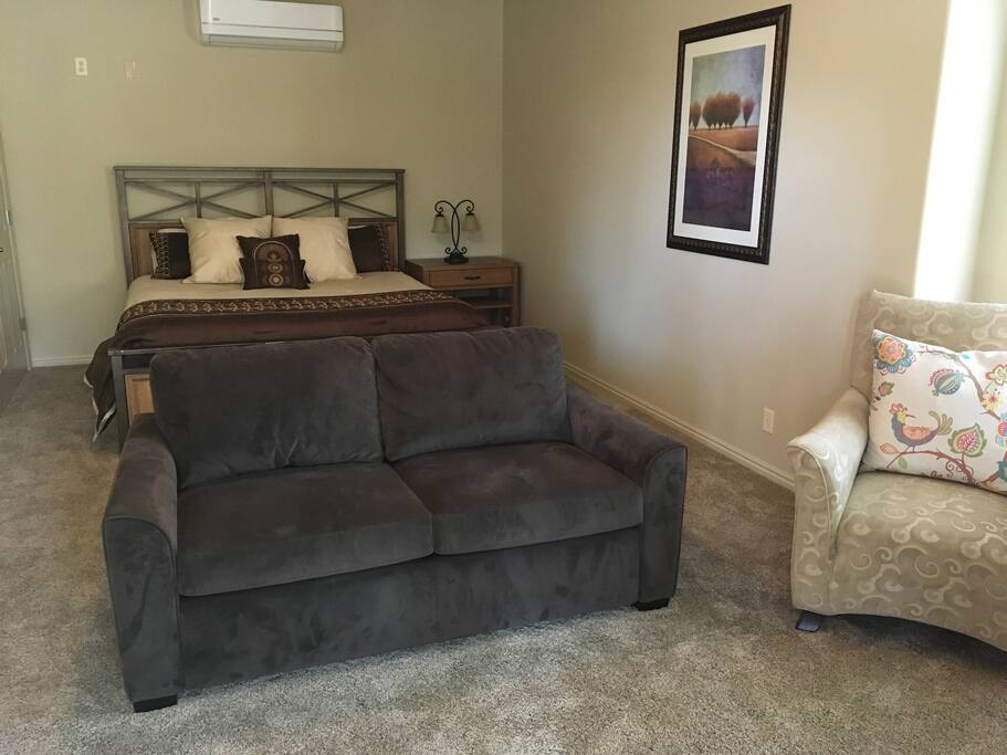 studio amenities, with king size bed small sofa with a good mattress.