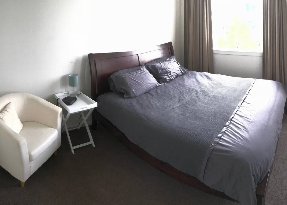 Large main bedroom with king bed and built in robe