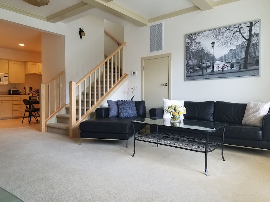 Our guest suite offers over 900 sq ft of private living space: family room, kitchenette, bedroom, bathroom and patio.