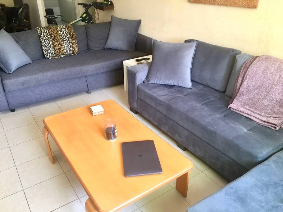 New modern sofas, with comfortable pillows and lots of extra throw blankets.