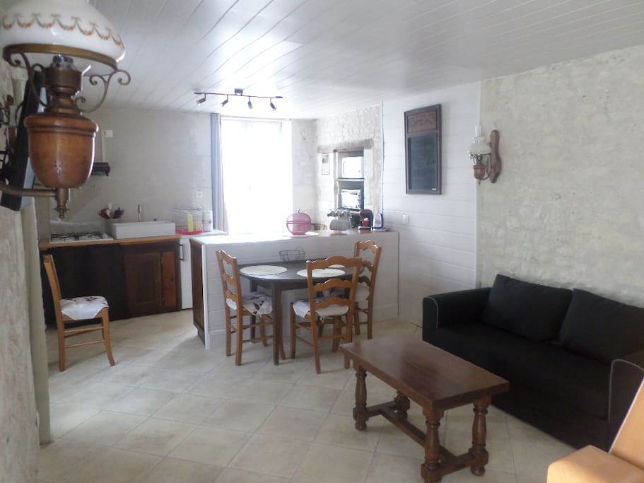 Pièce principale avec kitchenette toute équipée. Canapé lit