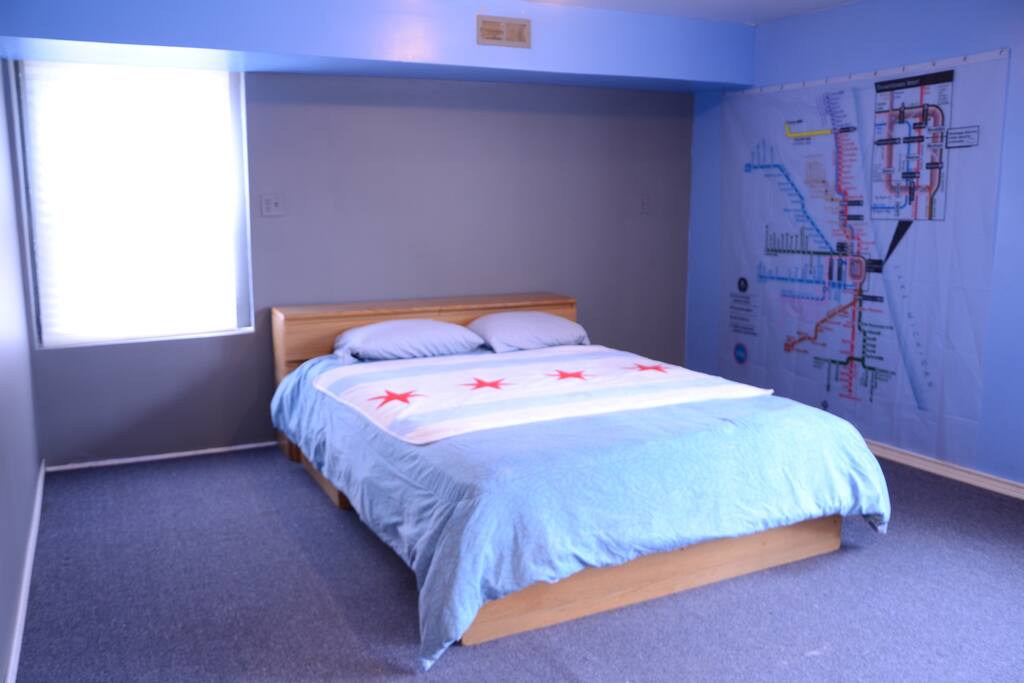 The Chicago room with a map of the 'L' train on the wall.