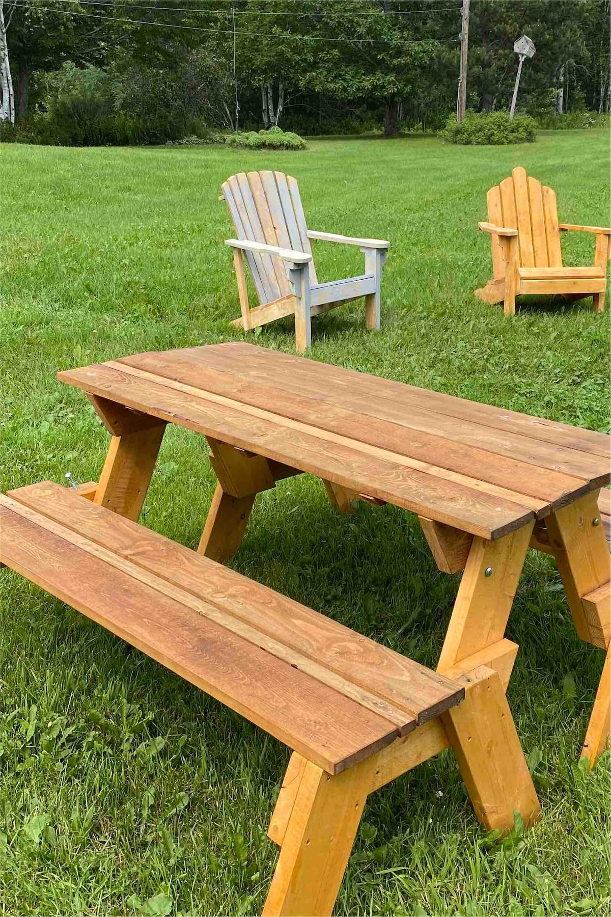 A wooden picnic table with two benches is positioned on a grassy area. Behind the table, two brightly colored adirondack chairs, one gray and one orange, are set on the lawn surrounded by trees and greenery.