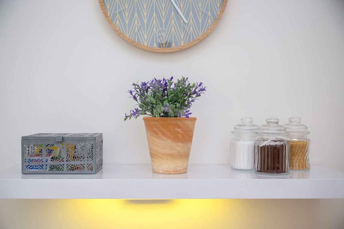 A shelf displays a terracotta pot filled with green and purple plants beside a decorative metal box. Glass jars containing sugar, brown sugar, and other ingredients are arranged neatly beside the pots. A wall clock hangs above, adding a touch of functionality.